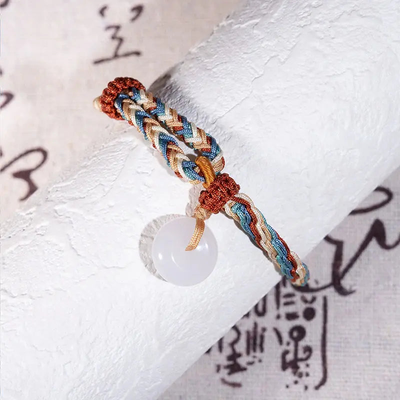 Fortune Jewel Natural Hetian Jade Peace Buckle Protection Colored Rope Braided Bracelet Fortune Jewel