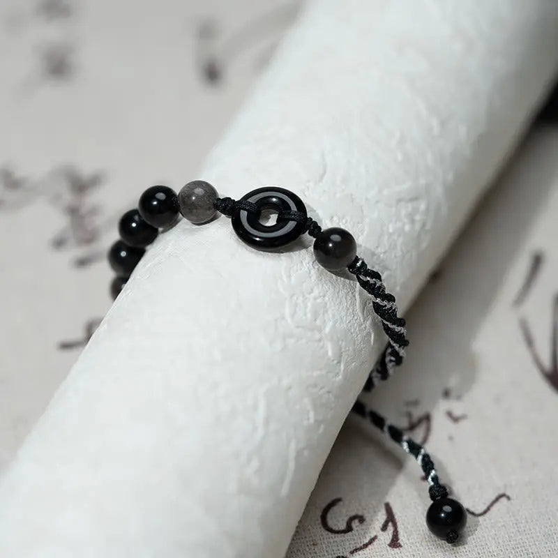 Fortune Jewel Natural Black Obsidian Peace Buckle Purification Black Rope Bracelet Fortune Jewel