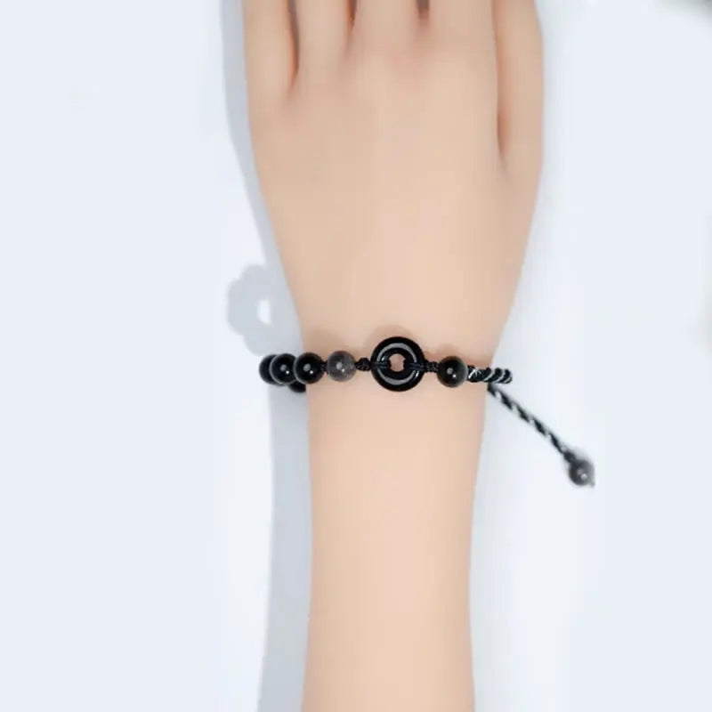 Fortune Jewel Natural Black Obsidian Peace Buckle Purification Black Rope Bracelet Fortune Jewel
