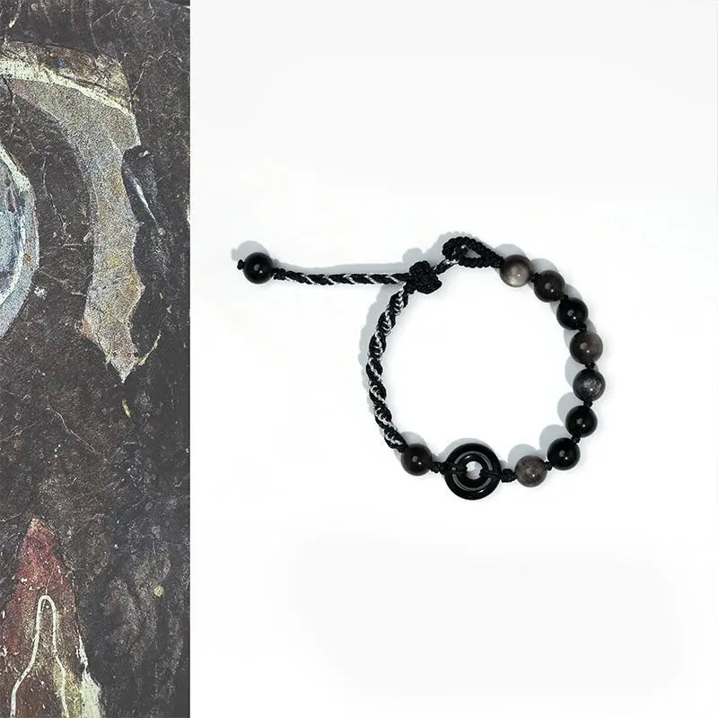 Fortune Jewel Natural Black Obsidian Peace Buckle Purification Black Rope Bracelet Fortune Jewel