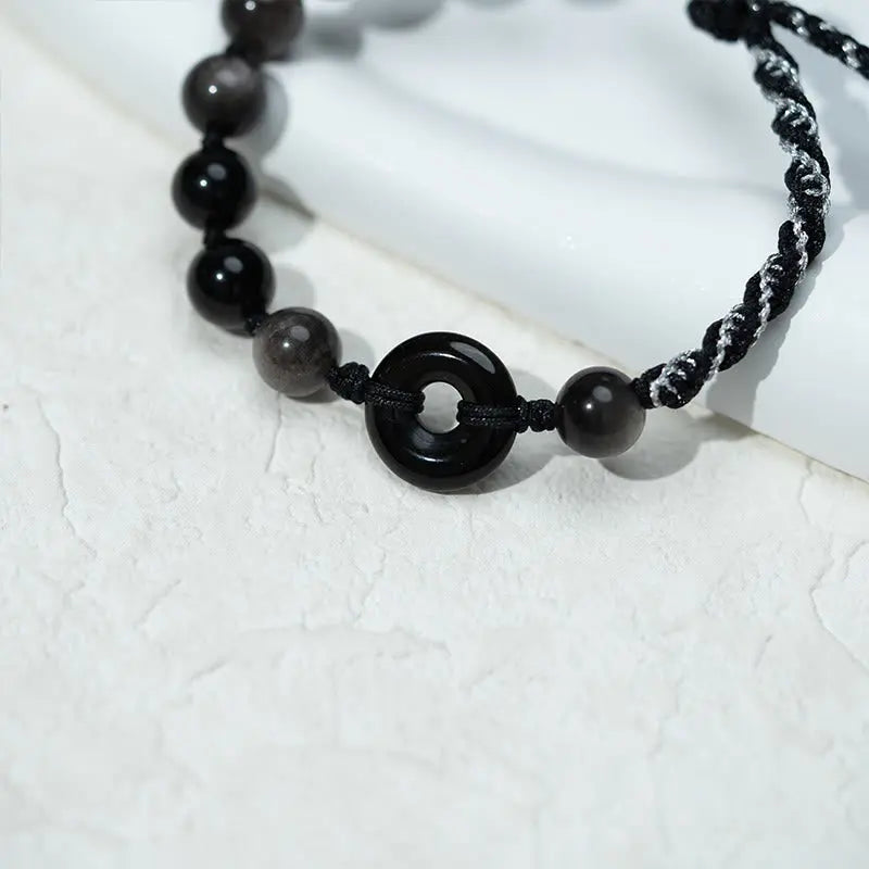 Fortune Jewel Natural Black Obsidian Peace Buckle Purification Black Rope Bracelet Fortune Jewel