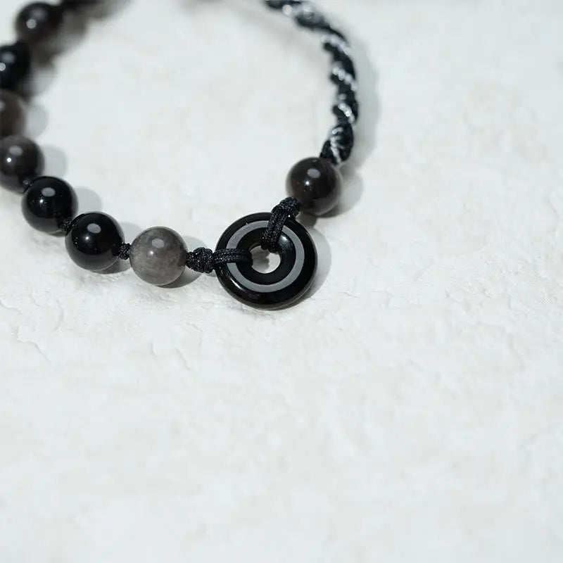 Fortune Jewel Natural Black Obsidian Peace Buckle Purification Black Rope Bracelet Fortune Jewel