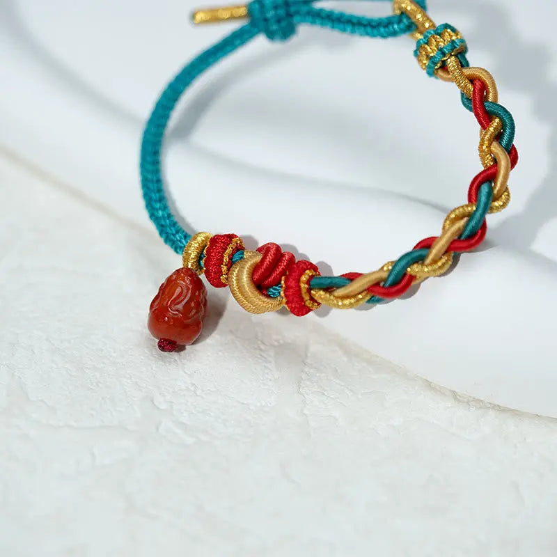 Fortune Jewel Natural Red Agate Pixiu Confidence Four-strand Braid Rope Bracelet Fortune Jewel