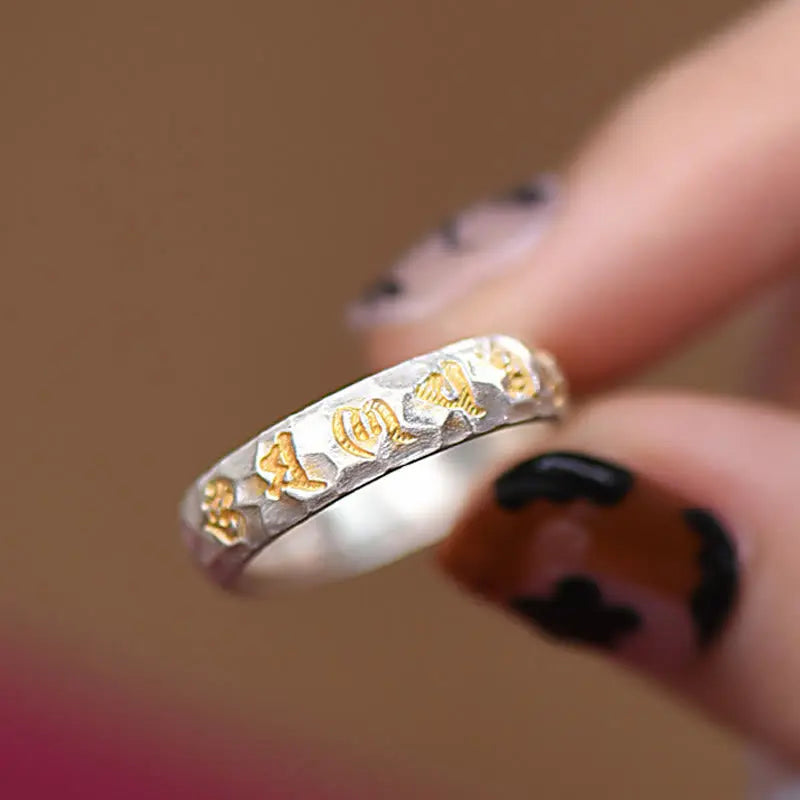 Fortune Jewel Hammer Pattern Om Mani Padme Hum Copper Plated Silver Wealth Ring Fortune Jewel
