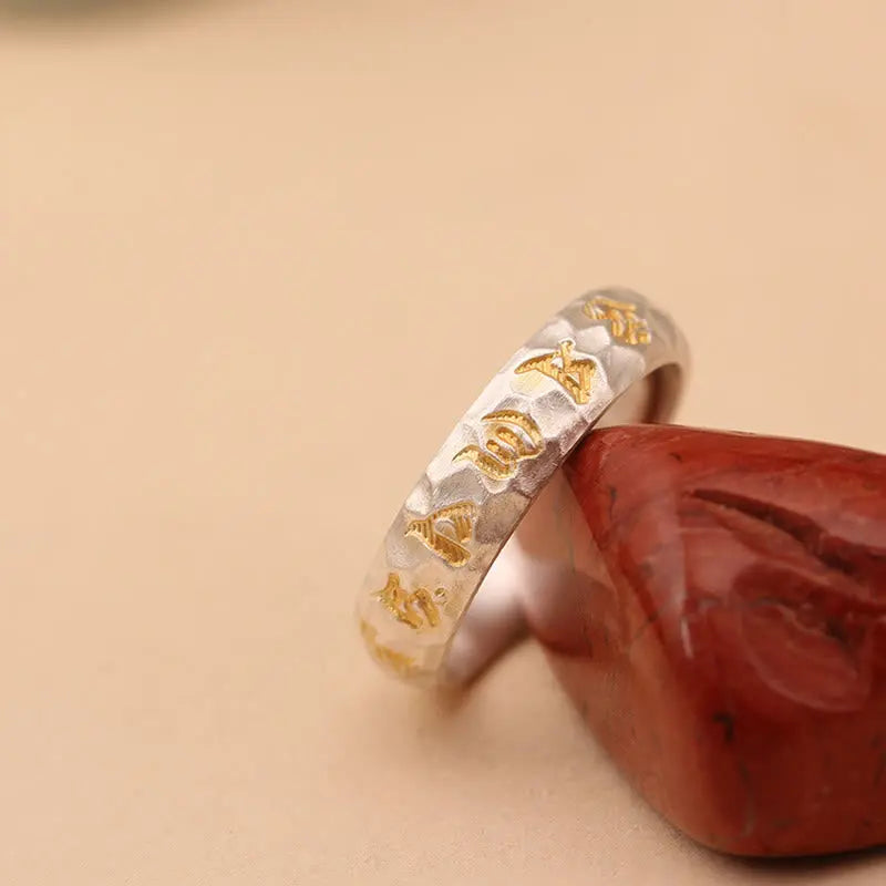 Fortune Jewel Hammer Pattern Om Mani Padme Hum Copper Plated Silver Wealth Ring Fortune Jewel