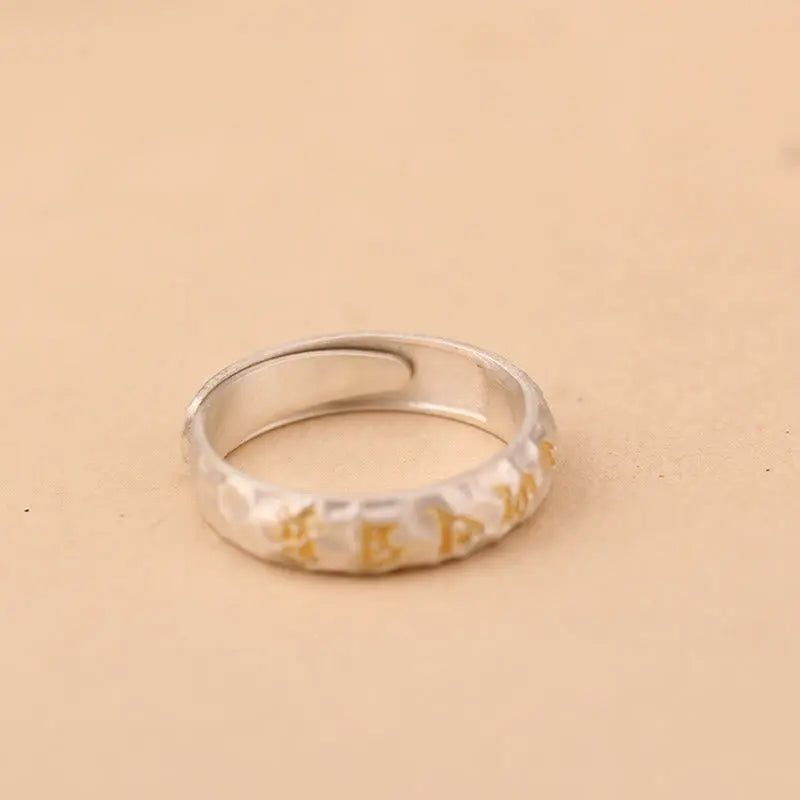 Fortune Jewel Hammer Pattern Om Mani Padme Hum Copper Plated Silver Wealth Ring Fortune Jewel