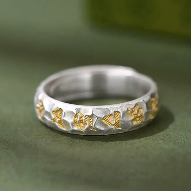 Fortune Jewel Hammer Pattern Om Mani Padme Hum Copper Plated Silver Wealth Ring Fortune Jewel