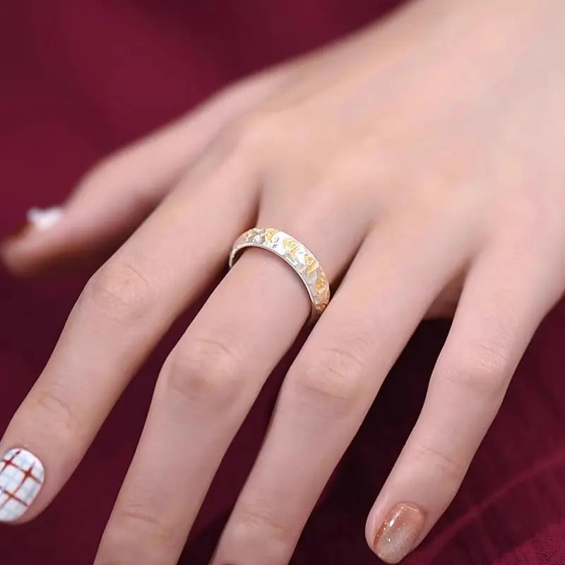 Fortune Jewel Hammer Pattern Om Mani Padme Hum Copper Plated Silver Wealth Ring Fortune Jewel