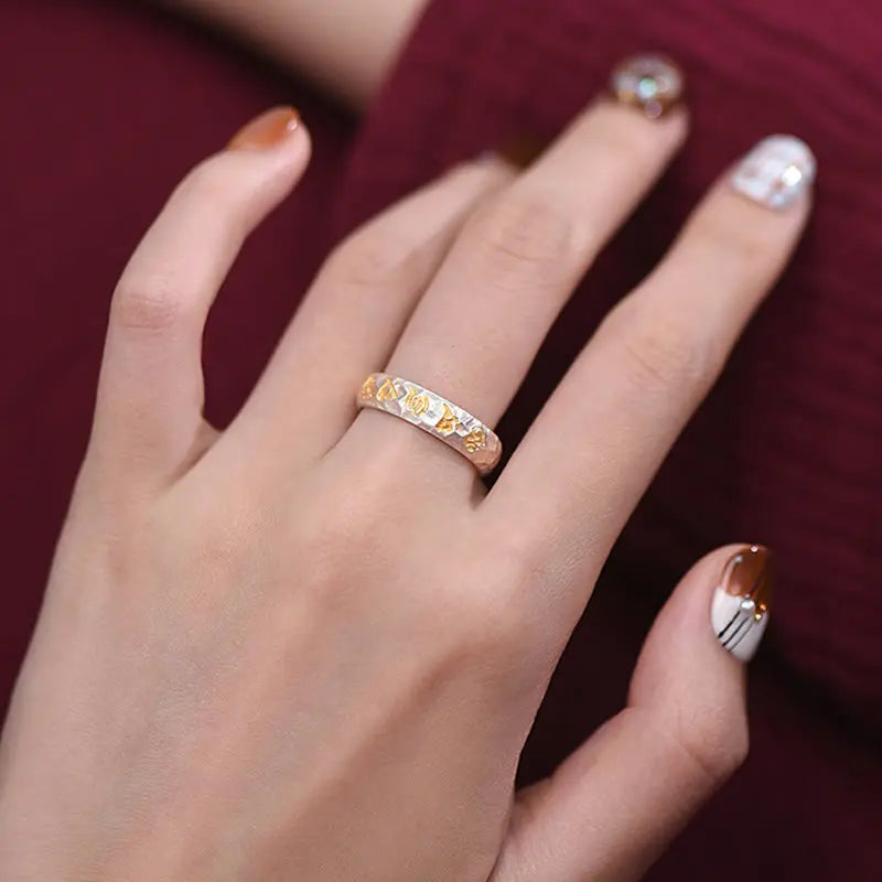 Fortune Jewel Hammer Pattern Om Mani Padme Hum Copper Plated Silver Wealth Ring Fortune Jewel
