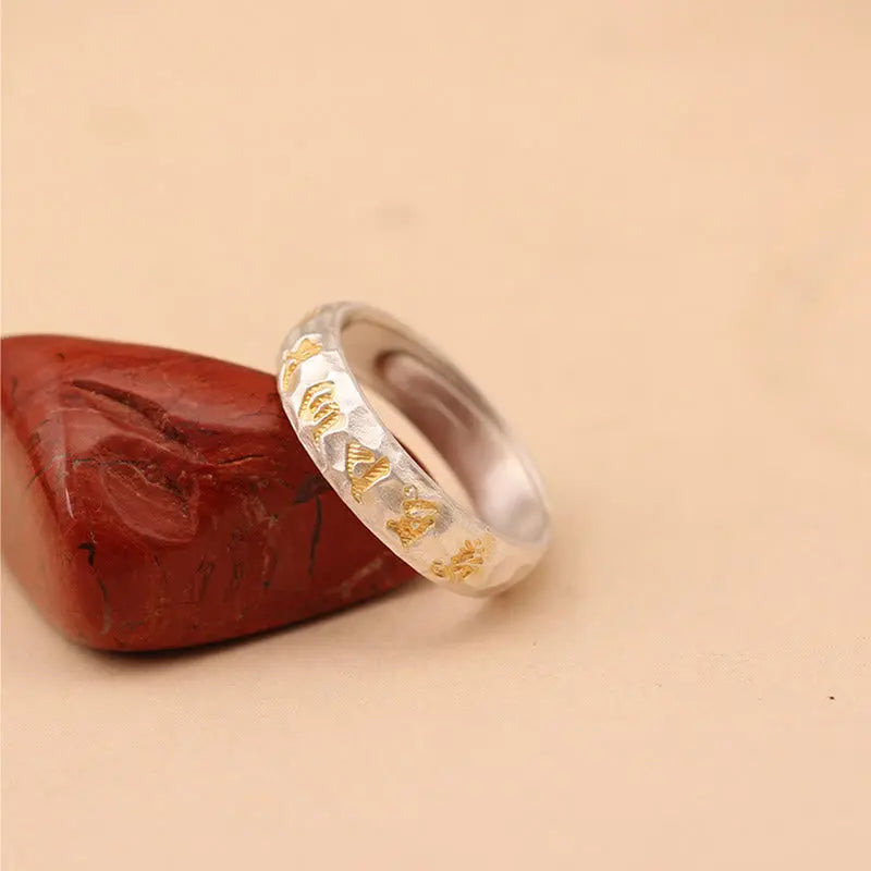 Fortune Jewel Hammer Pattern Om Mani Padme Hum Copper Plated Silver Wealth Ring Fortune Jewel