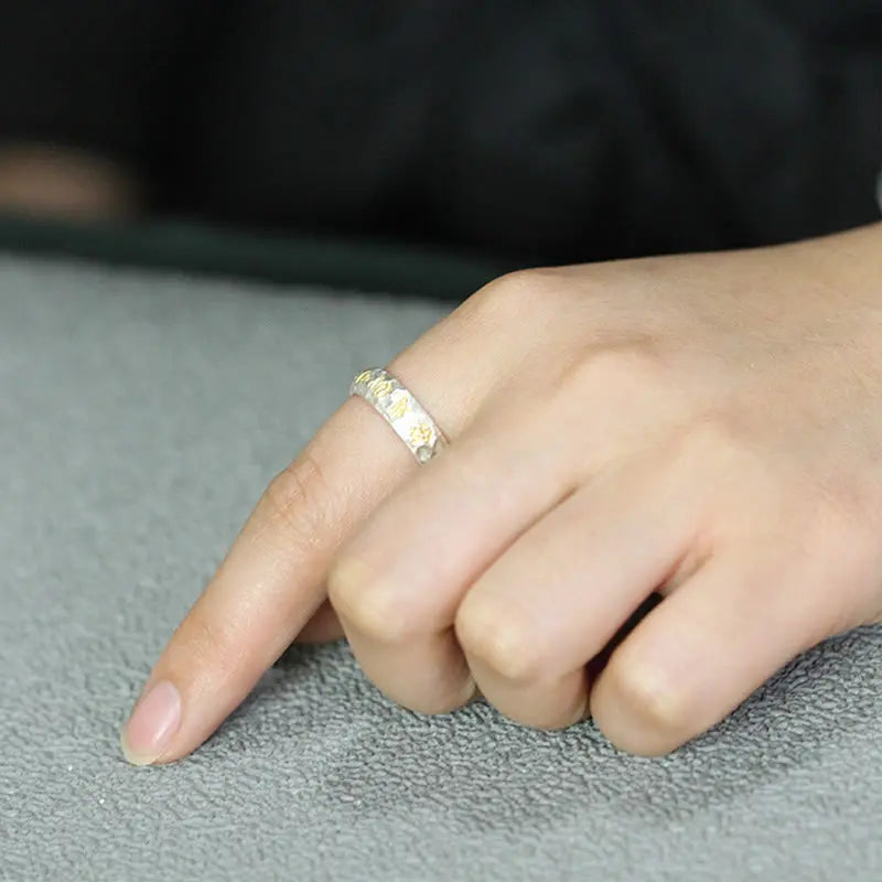 Fortune Jewel Hammer Pattern Om Mani Padme Hum Copper Plated Silver Wealth Ring Fortune Jewel