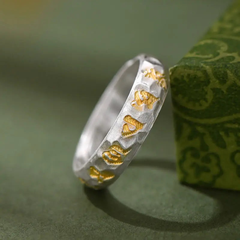 Fortune Jewel Hammer Pattern Om Mani Padme Hum Copper Plated Silver Wealth Ring Fortune Jewel