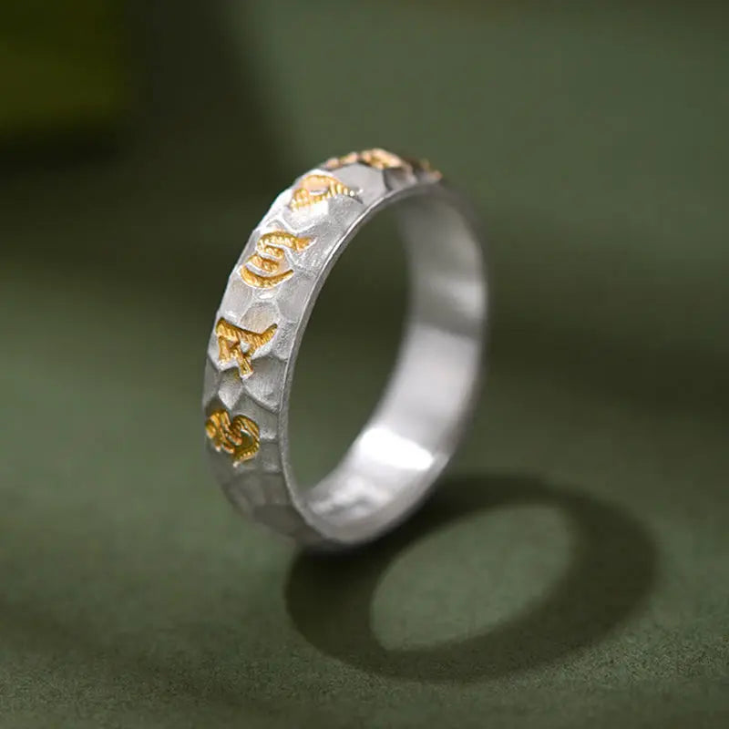 Fortune Jewel Hammer Pattern Om Mani Padme Hum Copper Plated Silver Wealth Ring Fortune Jewel