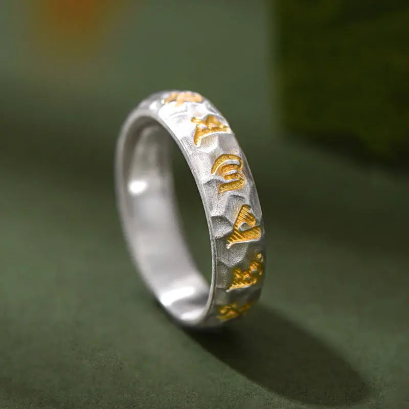Fortune Jewel Hammer Pattern Om Mani Padme Hum Copper Plated Silver Wealth Ring Fortune Jewel