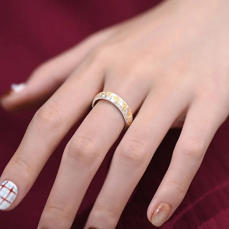 Fortune Jewel 999 Sterling Silver Hammer Pattern Om Mani Padme Hum Balance Ring Fortune Jewel