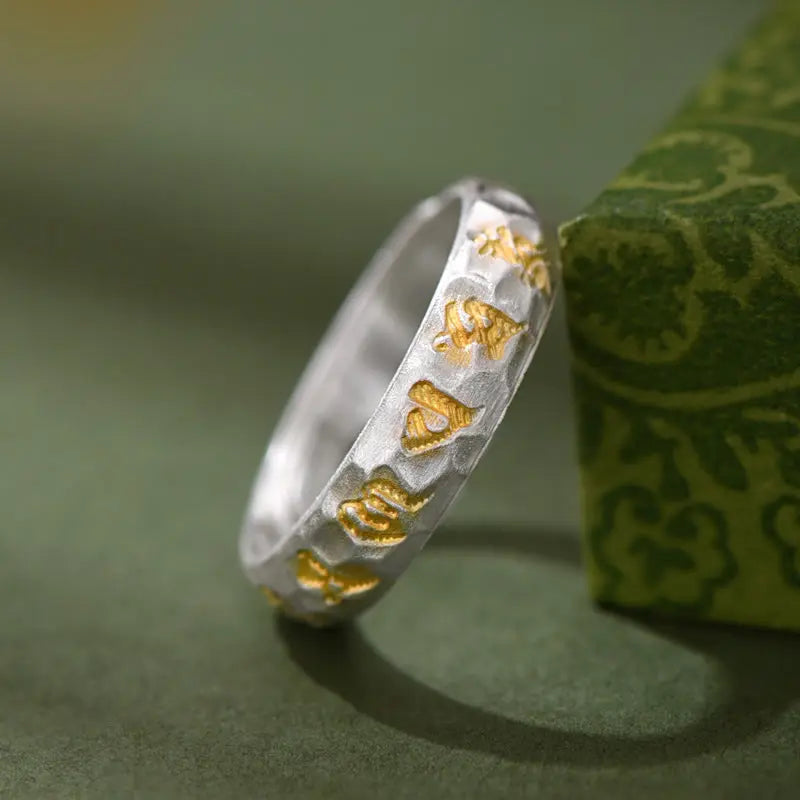 Fortune Jewel 999 Sterling Silver Hammer Pattern Om Mani Padme Hum Balance Ring Fortune Jewel