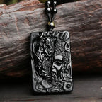 Fortune Jewel Natural Black Obsidian Buddha Devil Pattern Strength Necklace Pendant Fortune Jewel