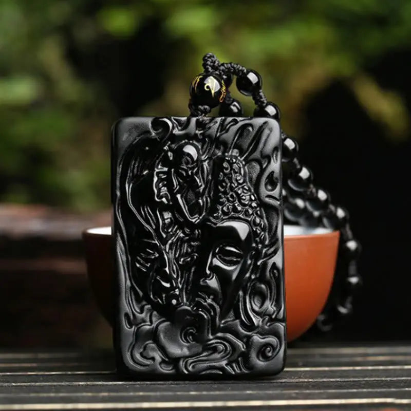 Fortune Jewel Natural Black Obsidian Buddha Devil Pattern Strength Necklace Pendant Fortune Jewel