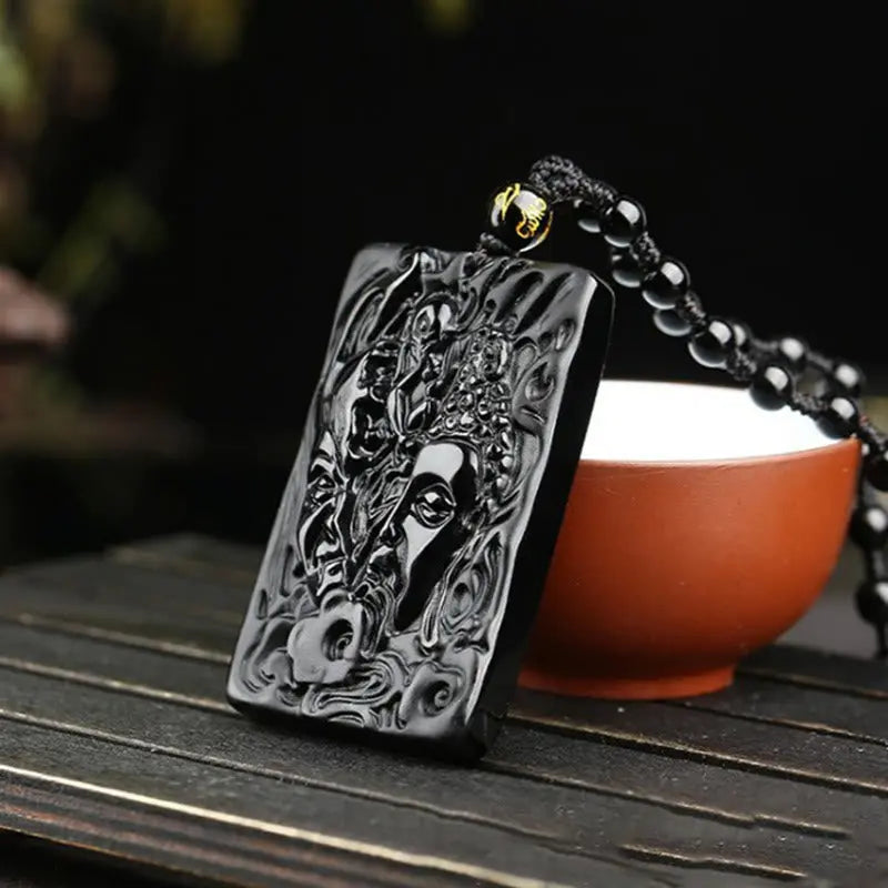 Fortune Jewel Natural Black Obsidian Buddha Devil Pattern Strength Necklace Pendant Fortune Jewel