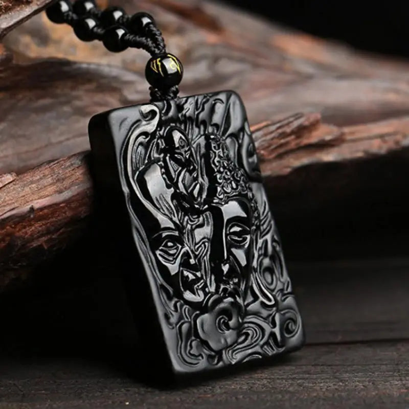 Fortune Jewel Natural Black Obsidian Buddha Devil Pattern Strength Necklace Pendant Fortune Jewel
