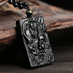 Fortune Jewel Natural Black Obsidian Buddha Devil Pattern Strength Necklace Pendant Fortune Jewel
