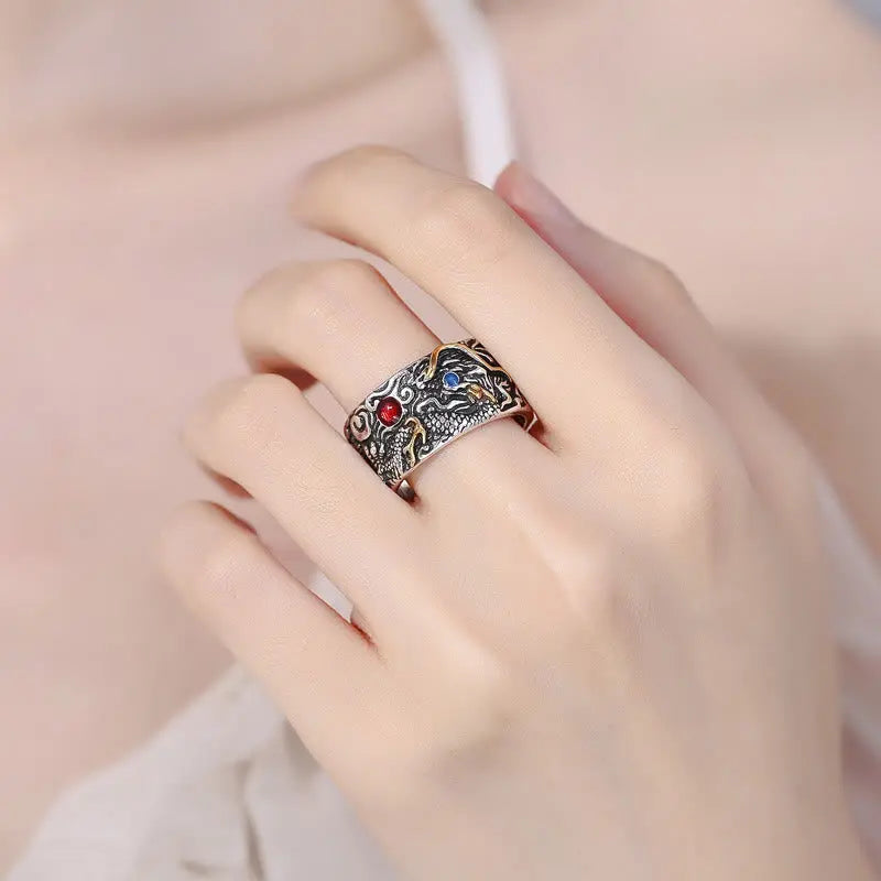 Fortune Jewel Vintage Dragon Pattern Copper Plated Silver Balance Ring Fortune Jewel