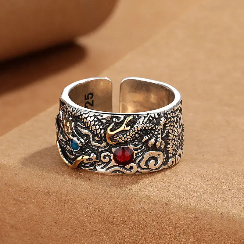 Fortune Jewel Vintage Dragon Pattern Copper Plated Silver Balance Ring Fortune Jewel