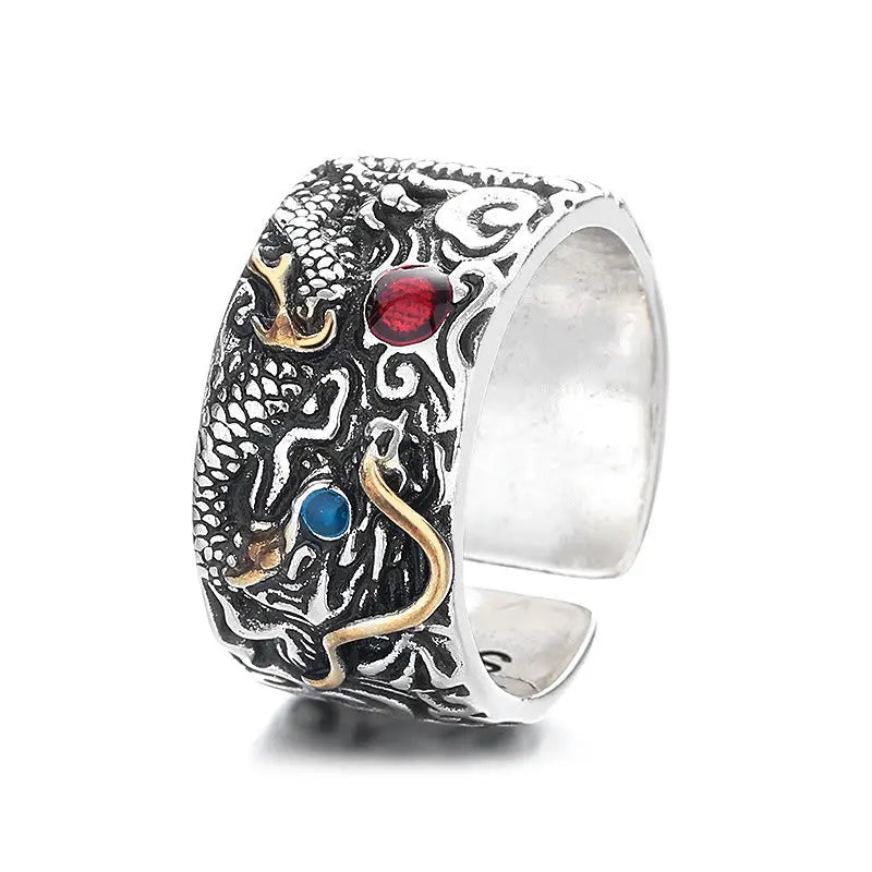 Fortune Jewel Vintage Dragon Pattern Copper Plated Silver Balance Ring Fortune Jewel