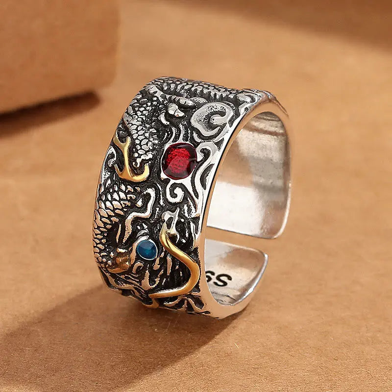 Fortune Jewel Vintage Dragon Pattern Copper Plated Silver Balance Ring Fortune Jewel