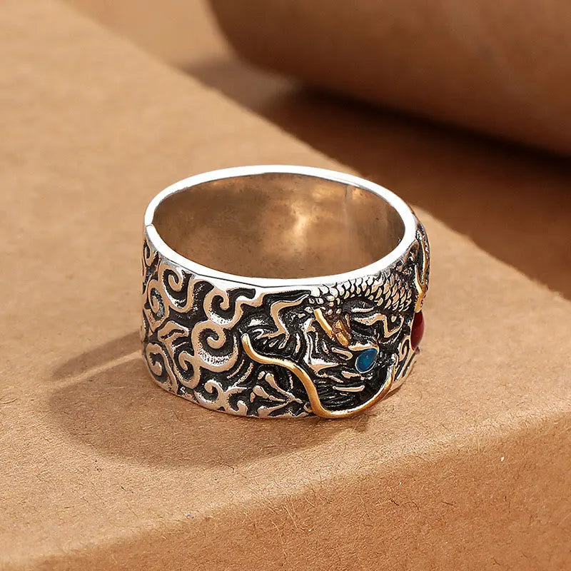 Fortune Jewel Vintage Dragon Pattern Copper Plated Silver Balance Ring Fortune Jewel