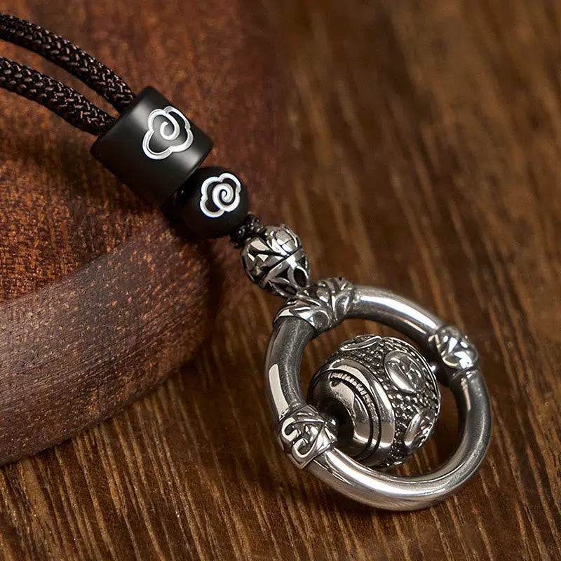 Fortune Jewel Om Mani Padme Hum Copper Plated Silver Wealth Rotating Necklace Pendant Fortune Jewel