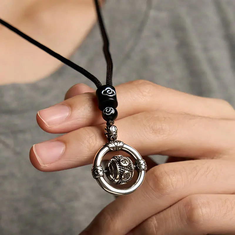 Fortune Jewel Om Mani Padme Hum Copper Plated Silver Wealth Rotating Necklace Pendant Fortune Jewel