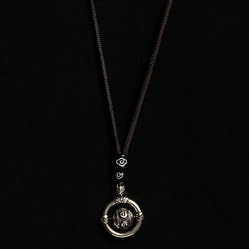 Fortune Jewel Om Mani Padme Hum Copper Plated Silver Wealth Rotating Necklace Pendant Fortune Jewel