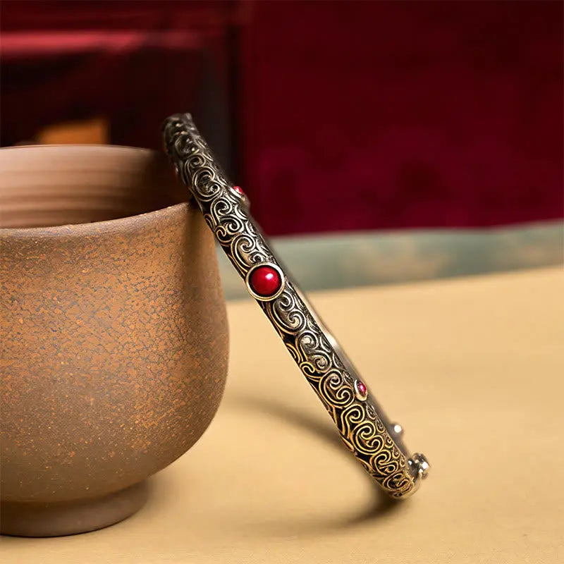 Vintage Tang Dynasty Flower Design Engraved Red Agate Copper Luck Bracelet Bangle Fortune Jewel