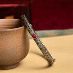 Vintage Tang Dynasty Flower Design Engraved Red Agate Copper Luck Bracelet Bangle Fortune Jewel
