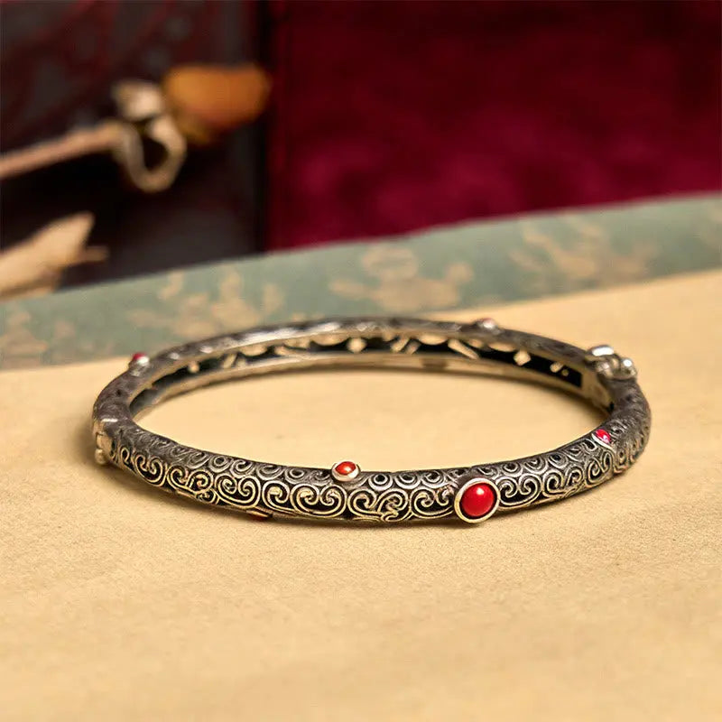 Vintage Tang Dynasty Flower Design Engraved Red Agate Copper Luck Bracelet Bangle Fortune Jewel