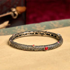 Vintage Tang Dynasty Flower Design Engraved Red Agate Copper Luck Bracelet Bangle Fortune Jewel