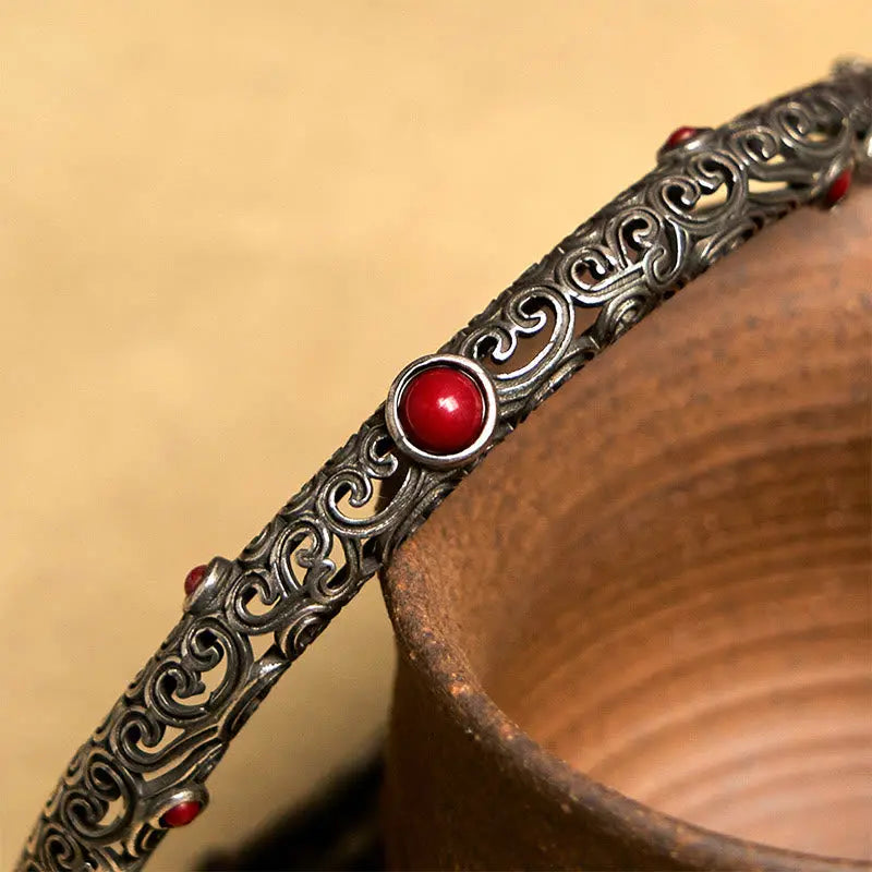 Vintage Tang Dynasty Flower Design Engraved Red Agate Copper Luck Bracelet Bangle Fortune Jewel