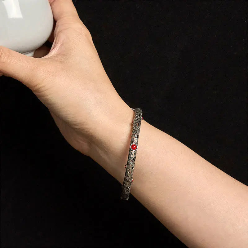 Vintage Tang Dynasty Flower Design Engraved Red Agate Copper Luck Bracelet Bangle Fortune Jewel