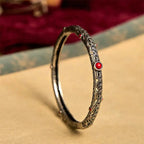 Vintage Tang Dynasty Flower Design Engraved Red Agate Copper Luck Bracelet Bangle Fortune Jewel