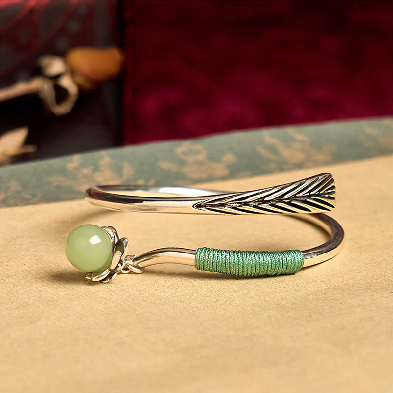 Fortune Jewel Copper Alloy Green Bead Charm Luck Cuff Bracelet Bangle