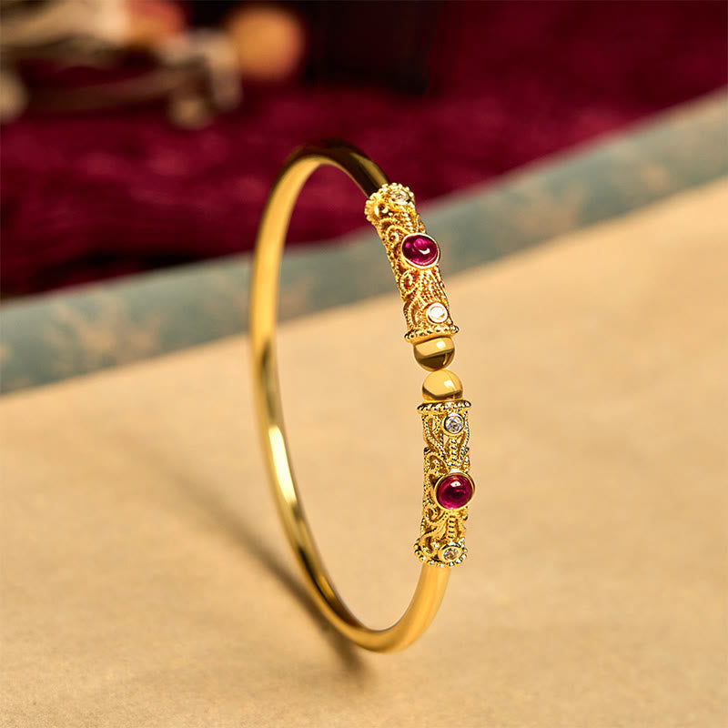 Fortune Jewel Golden Flower Pattern Red Zircon Amber Copper Luck Cuff Bracelet Bangle