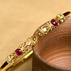 Fortune Jewel Golden Flower Pattern Red Zircon Amber Copper Luck Cuff Bracelet Bangle