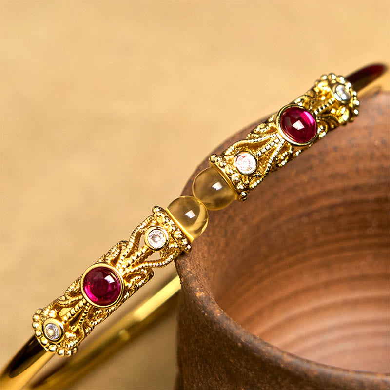 Fortune Jewel Golden Flower Pattern Red Zircon Amber Copper Luck Cuff Bracelet Bangle