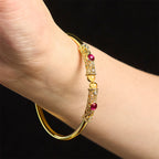 Fortune Jewel Golden Flower Pattern Red Zircon Amber Copper Luck Cuff Bracelet Bangle