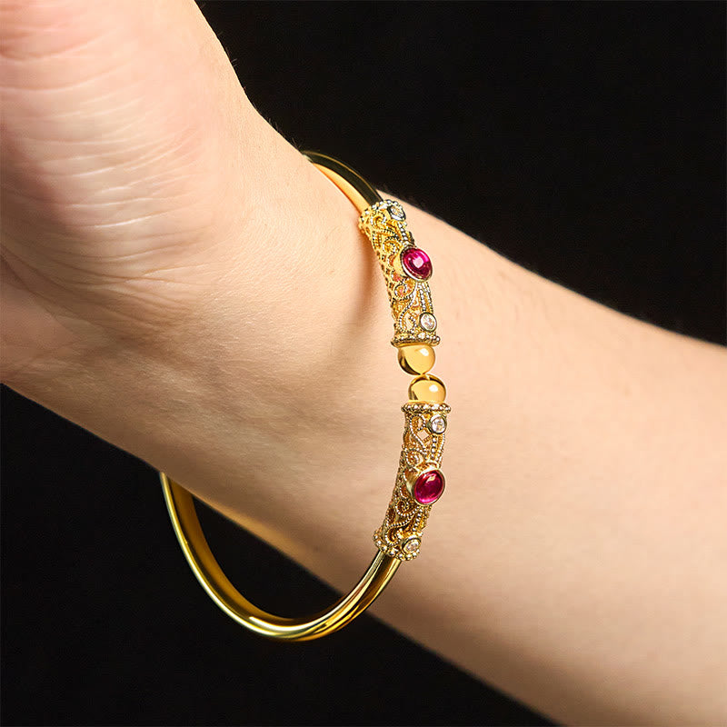 Fortune Jewel Golden Flower Pattern Red Zircon Amber Copper Luck Cuff Bracelet Bangle