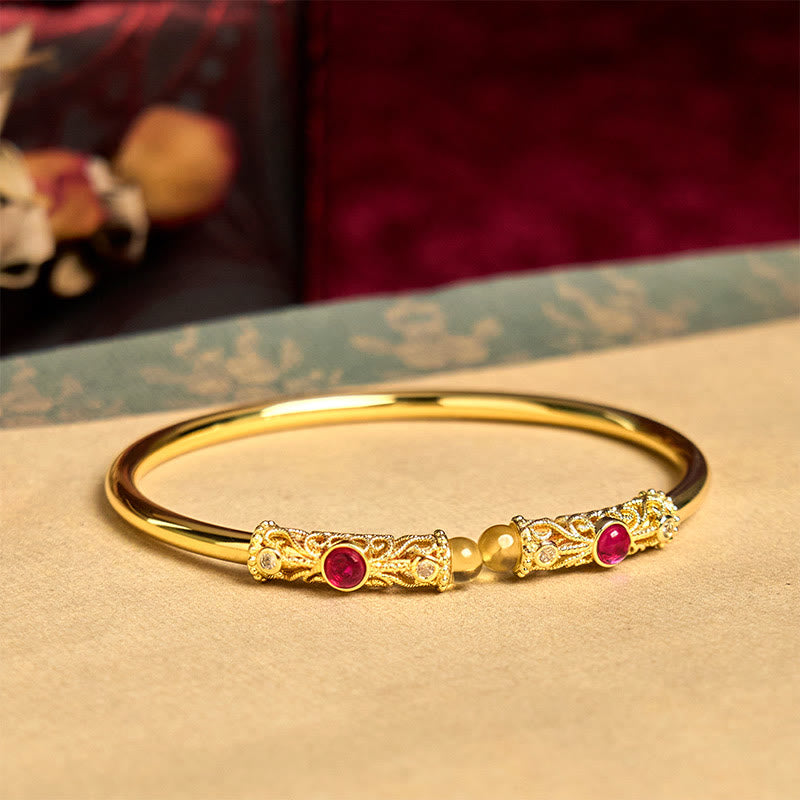 Fortune Jewel Golden Flower Pattern Red Zircon Amber Copper Luck Cuff Bracelet Bangle