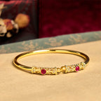 Fortune Jewel Golden Flower Pattern Red Zircon Amber Copper Luck Cuff Bracelet Bangle