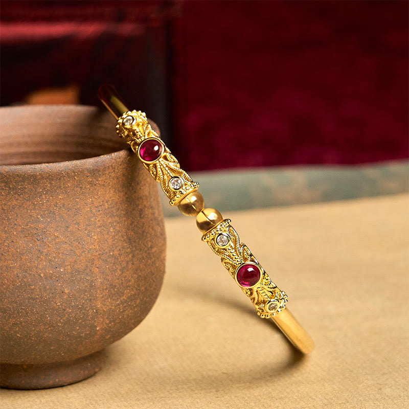Fortune Jewel Golden Flower Pattern Red Zircon Amber Copper Luck Cuff Bracelet Bangle