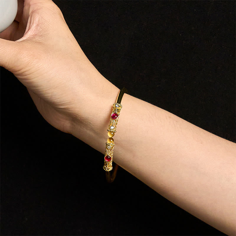 Fortune Jewel Golden Flower Pattern Red Zircon Amber Copper Luck Cuff Bracelet Bangle